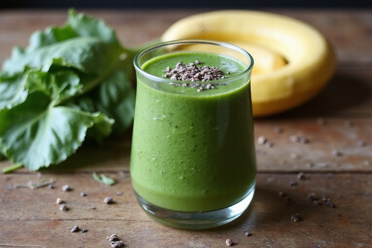 Un vaso de batido verde fresco con espinacas, plátano y semillas de chía en una mesa de madera rústica.