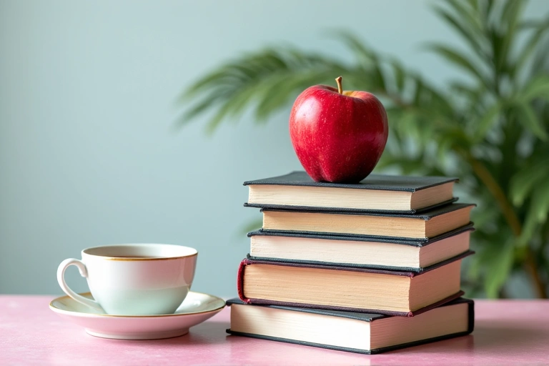 Una pila de libros sobre nutrición y dietética, con una manzana fresca encima y una taza de té de hierbas al lado.