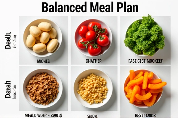 Imagen de un plan de comidas bien equilibrado y visualmente atractivo con diferentes alimentos saludables dispuestos en secciones.